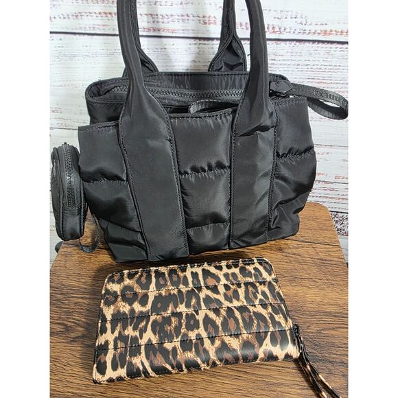Steve Madden Crossbody Blk Puffer Purse and Puffer Leopard Print Wallet - Picture 8 of 14